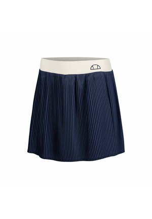 Falda plisada de color marino con una cinturilla elástica blanca. El diseño presenta pliegues verticales y un logo en la cinturilla.