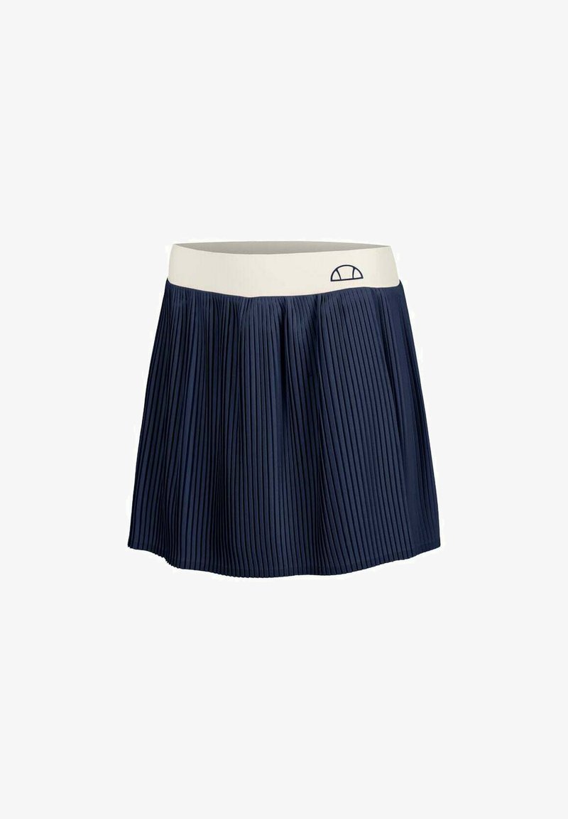 Falda plisada de color marino con una cinturilla elástica blanca. El diseño presenta pliegues verticales y un logo en la cinturilla.