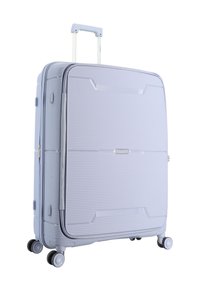 Hellgrauer Hartschalenkoffer mit vier Anforderungen und ausgezogenem Teleskopgriff.