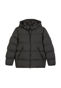 Czarna kurtka puchowa z kapturem, zapięciem na zamek błyskawiczny z przodu, elastycznymi mankietami i dwoma bocznymi kieszeniami. Posiada pikowany wzór i naszywkę z logo na rękawie.
