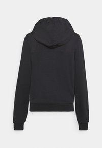 Svart hoodie med en mjuk textur, justerbar snörning i huvan, ribbade ärmslut och nederkant. Har en enhetlig design och minimalistisk stil.