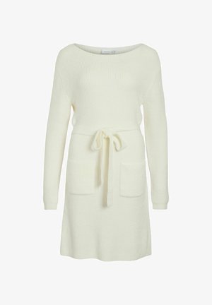 Gebreid jurkje in off-white met een ronde hals, lange mouwen, een ceintuur in de taille en twee voorzakken. Textuurstof en zachte afwerking.