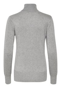 Harmaa pooloneule, valmistettu pehmeästä neuloksesta. Siinä on pitkät hihat, vartalonmyötäinen siluetti sekä resorit hihansuissa ja helmassa. Ei näkyviä kuvioita.