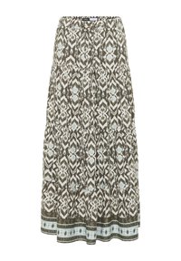 Jupe maxi à design à étages en vert olive, crème et bleu clair avec motif inspiré tribal et détail de bordure à l'ourlet.