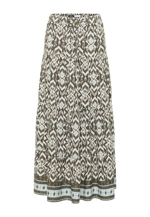 Falda maxi con diseño en capas en verde oliva, crema y azul claro con patrón tribal y detalle en el borde del dobladillo.