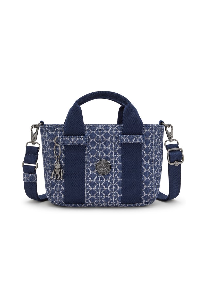 Borsa blu navy caratterizzata da un tessuto testurizzato con motivo a rombi, manico corto, tracolla regolabile e un charm decorativo attaccato.