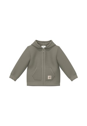 Gebreide grijze zip-up hoodie voor kinderen met lange mouwen, voorzakken en een klein stoffen label aan de onderkant vooraan.