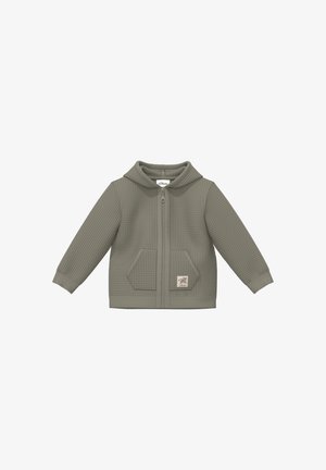 Gebreide grijze zip-up hoodie voor kinderen met lange mouwen, voorzakken en een klein stoffen label aan de onderkant vooraan.