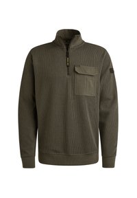 Jersey verde oliva con cuello alto, cierre de cremallera y textura acanalada. Presenta un bolsillo en el pecho y puños elásticos para mayor comodidad.
