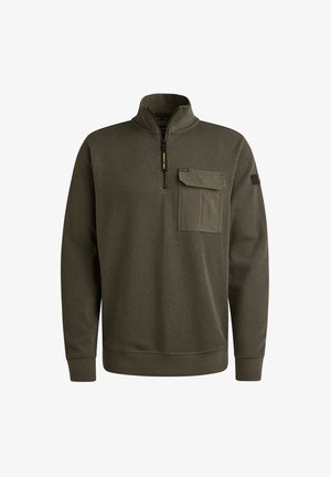 Maslinasti pulover s visokim ovratnikom, zatvaranjem na zip i rebrastom teksturom. Ima džep na prsima i elastične manžete za udobnost.