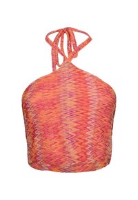 Top halter lavorato a maglia in vivaci tonalità di rosa e arancione con motivo a zigzag. Presenta un colletto da annodare e una texture morbida.