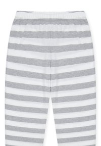 Grijze en witte gestreepte legging met een zachte, elastische tailleband en een lichte stof, met horizontale strepen van wisselende breedtes.