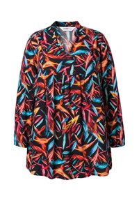Blusa nera con un vivace motivo di foglie multicolori, maniche lunghe e scollatura a V. Presenta arricciature sotto il busto per un fit morbido.