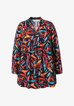 Schwarze Bluse mit lebhaftem, mehrfarbigem Blattmuster, langen Ärmeln und V-Ausschnitt. Mit Raffung unter der Brust für einen lockeren Sitz.