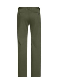 Olivgrüne Hosen mit geradem Schnitt, ausgestattet mit Gesäßtaschen mit Knopfverschluss, aus einem glatten, strapazierfähigen Stoff gefertigt.