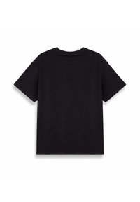 Camiseta de algodón negra con cuello redondo y mangas cortas, con un diseño sencillo y una textura suave, mostrada desde la parte de atrás.
