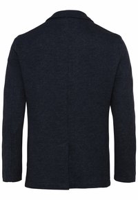 Blazer homme en mélange de laine bleu marine foncé avec col cranté, manches longues et fente unique au dos, vu de dos.