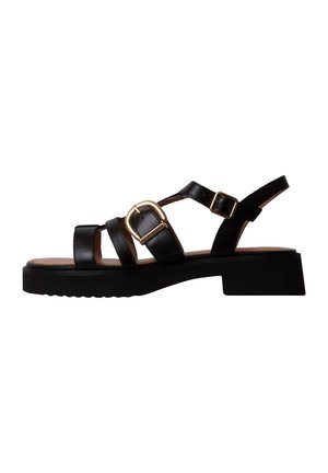 Sandale en cuir noir avec deux boucles dorées, semelle plate et design à bout ouvert, vue de côté sur fond blanc.