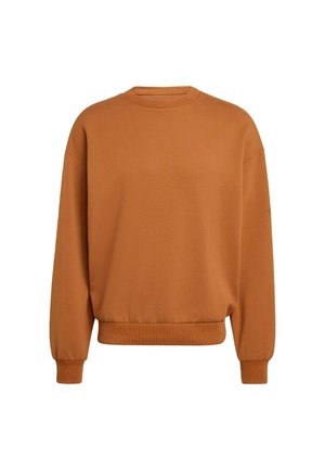 Maglione color ruggine realizzato in tessuto morbido. Presenta una scollatura rotonda, maniche lunghe e un orlo a coste con spalle leggermente cadenti.