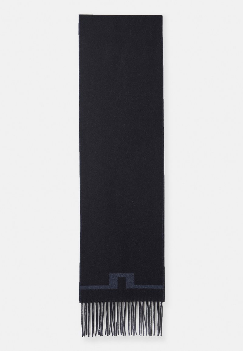 Écharpe noire en matériau doux, dotée d'un design uni et d'une frange texturée en bas avec un accent en motif géométrique.