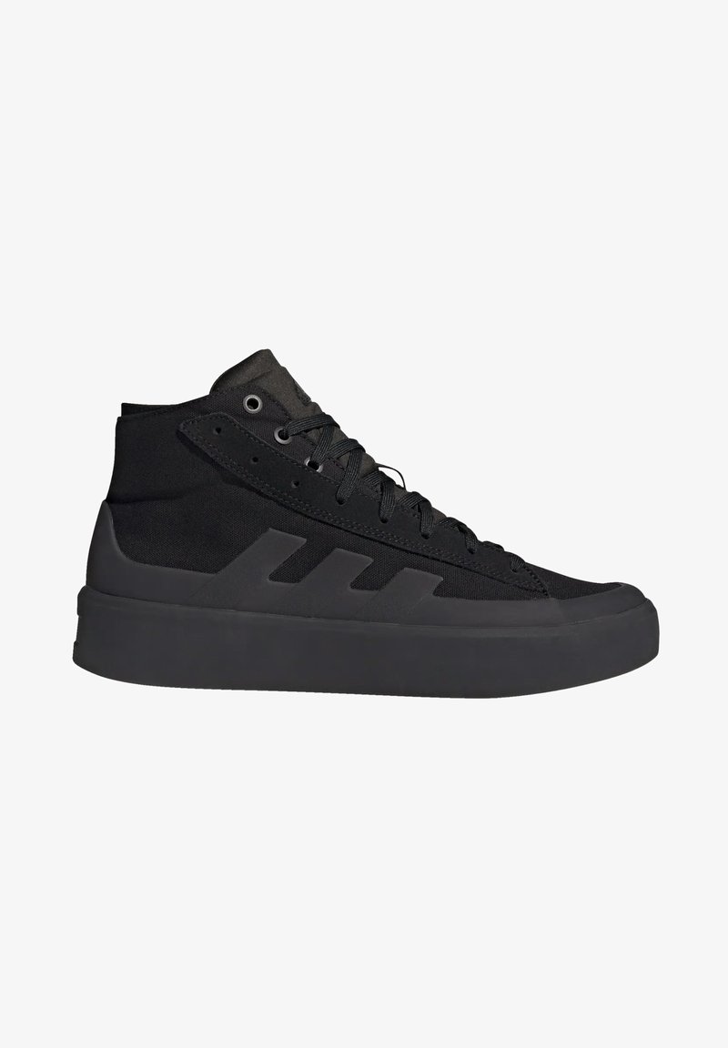 Black high-top sneaker with thick sole, lace-up front, and three diagonal stripes on the side, shown in right profile view.