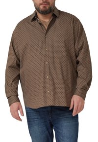 Brown patterned shirt with a button-down collar, long sleeves, and a single chest pocket; features small blue geometric designs.