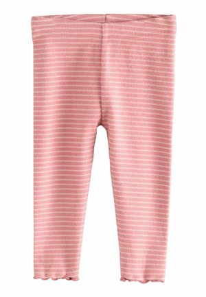 Rosa gestreifte Leggings aus weichem Material mit gewelltem Saum. Vertikale weiße Streifen sorgen für eine subtile Textur und zusätzlichen Detailreichtum.