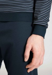 Langarm gestreept shirt met zwarte en grijze horizontale strepen, geribbelde manchetten, gecombineerd met effen donkerblauwe broek, vlakke textuur.