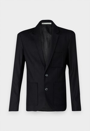 Black blazer made of textured fabric, featuring a notched lapel, three buttons, and two front pockets with a single chest pocket.