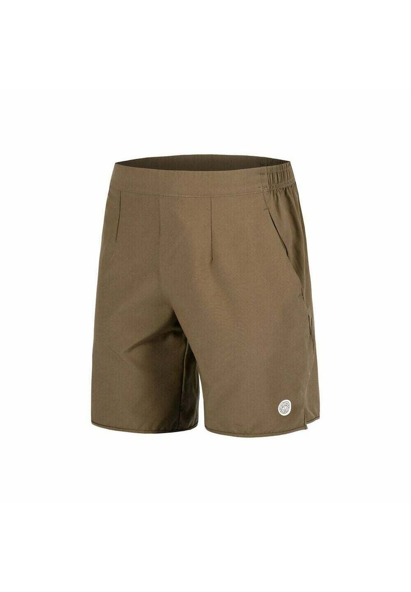 Pantalones cortos marrones de tela ligera, con una cinturilla elástica, bolsillos laterales y un parche con el logo en el dobladillo izquierdo.