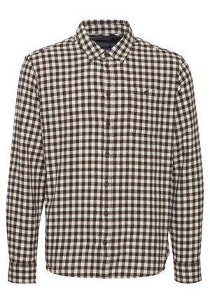 Prunevalges ruuduline flanell särk, millel on nööpidega krae, pikad varrukad ja üks rindkott nööbiga.