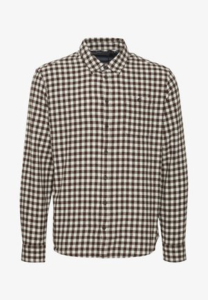 Prunevalges ruuduline flanell särk, millel on nööpidega krae, pikad varrukad ja üks rindkott nööbiga.