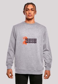 Gray sweatshirt, crew neck, with ribbed cuffs. Features a graphic in orange and black text reading "GEISHORA" across the chest.