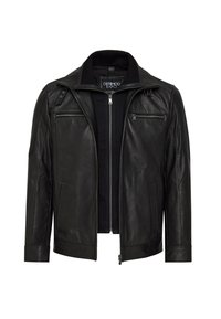 Zwarte leren jas met een hoge kraag, ritssluitingen en twee voorzakken met rits. Getextureerde afwerking met subtiele stikseldetails.