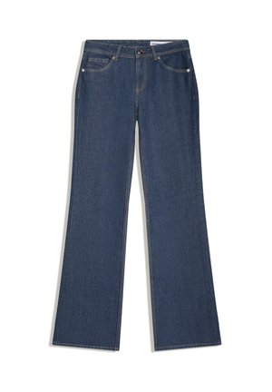 Temno modre denim kavbojke z visokim pasom, zapenjanjem na gumb in zadrgo, petimi žepi in širokimi ravnimi hlačnicami.