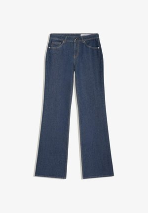 Mørkeblå denimjeans med høj talje, knap- og lynlås-lukning, fem lommer og lige, brede ben.