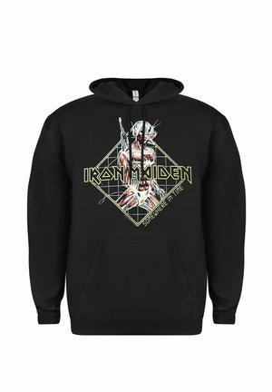 Felpa nera con cappuccio con il logo della band Iron Maiden, una figura di cyborg che tiene una pistola e la scritta “Somewhere in Time” in giallo.