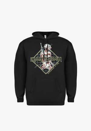 Czarna bluza z kapturem z logo zespołu Iron Maiden, postacią cyborga trzymającego broń oraz żółtym napisem „Somewhere in Time”.