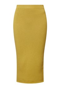 Žlutá pletená midi sukně s elastickým siluetou, která se vyznačuje hladkým povrchem a elastickým pasem pro pohodlí.
