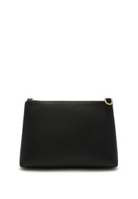 Pochette en cuir noir avec une surface texturée, fermeture éclair dorée, et un petit détail de boucle d'un côté. Format rectangulaire compact.