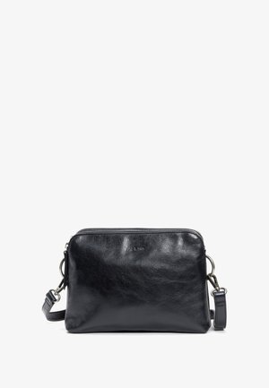 Schwarze Leder-Umhängetasche mit glatter Textur, Reißverschluss und abnehmbarem Riemen. Verfügt über ein dezentes Logo auf der Vorderseite.