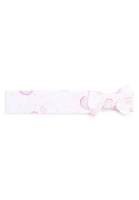 Bandeau en tissu blanc orné d'un grand nœud avec des motifs de coquillages en violet et rose, rehaussé de petits points roses.