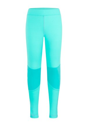 Helle türkisfarbene Leggings in voller Länge mit dunkleren türkisfarbenen Knieeinsätzen, sichtbaren Nähten und einem enganliegenden Bund.