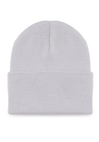 Gorro de punto gris claro, fabricado en tejido de punto, con un puño doblado, textura suave y un diseño sencillo y sin adornos.