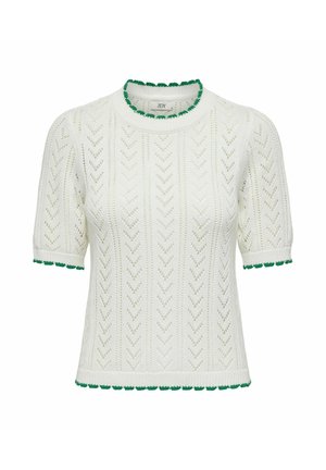 Bela pletena kratka majica s črtastim vzorcem z luknjicami, zelenim valovitim robom na ovratniku, rokavih in spodnjem delu.