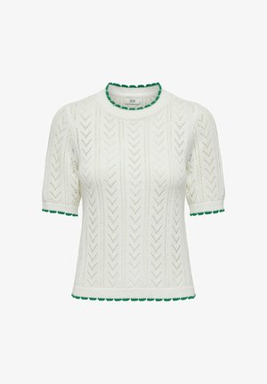 Baltas trumpomis rankovėmis megztas viršus su chevron akių raštu, žaliu banguotu apdaila ant apykaklės, rankovėse ir apačioje.