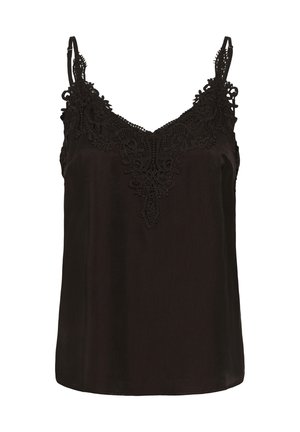 Haut caraco noir sans manches avec des détails en dentelle le long du décolleté et des bretelles réglables sur fond blanc.