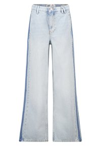 Light blue wide-leg jeans with darker blue side stripes, front button, and belt loops visible.