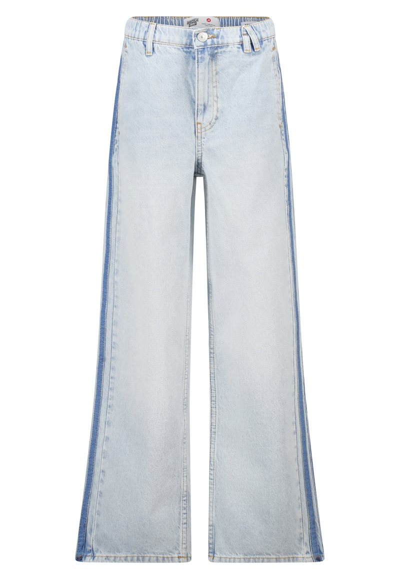 Light blue wide-leg jeans with darker blue side stripes, front button, and belt loops visible.