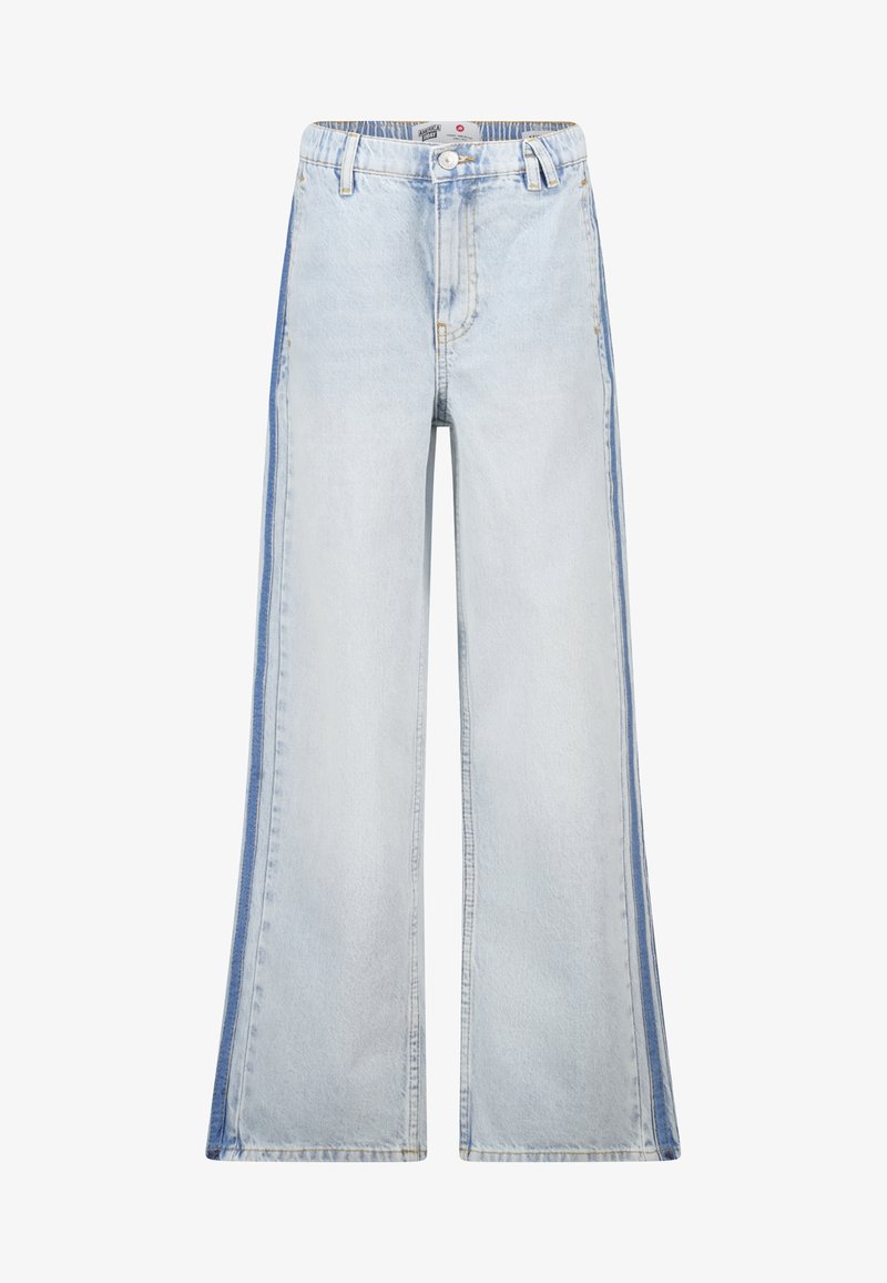 Light blue wide-leg jeans with darker blue side stripes, front button, and belt loops visible.
